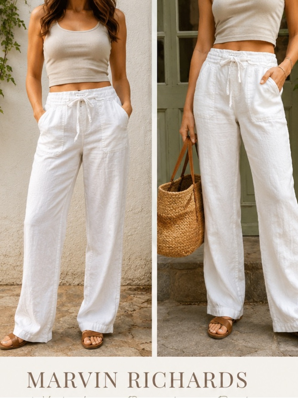 Marvin Richards Classic White Linen Blend Drawstring Wide Leg Pants Size 12
